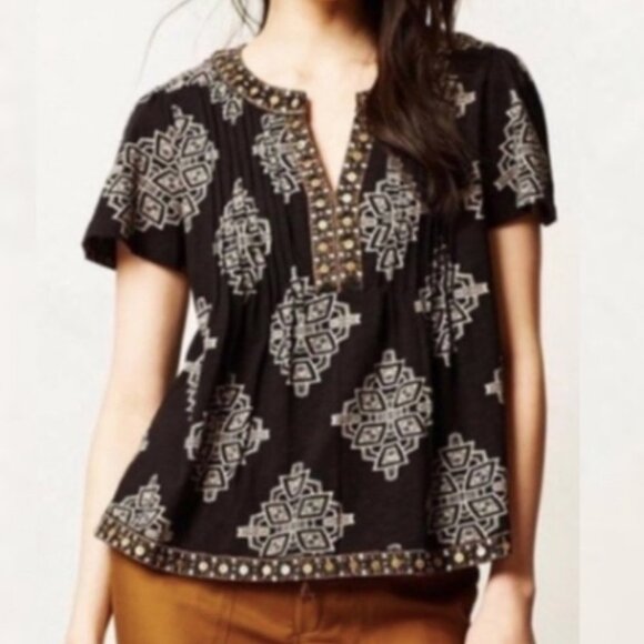 Anthropologie Akemi+Kin Romy Block Printed Top Size XS‎ Black Beaded Blouse Boho - Picture 1 of 8